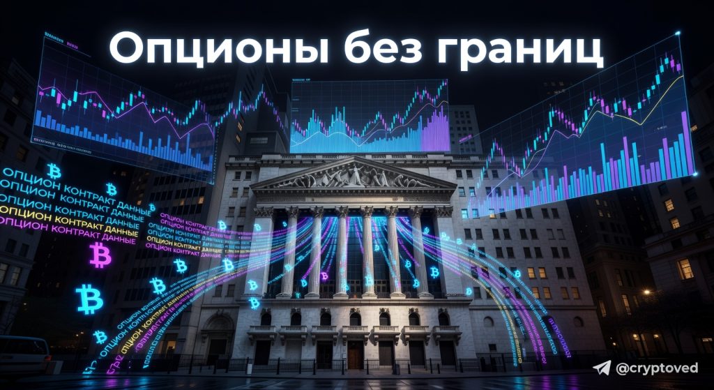 Нью-Йоркская фондовая биржа (NYSE) в футуристическом стиле с визуализацией данных по опционам Bitcoin ETF