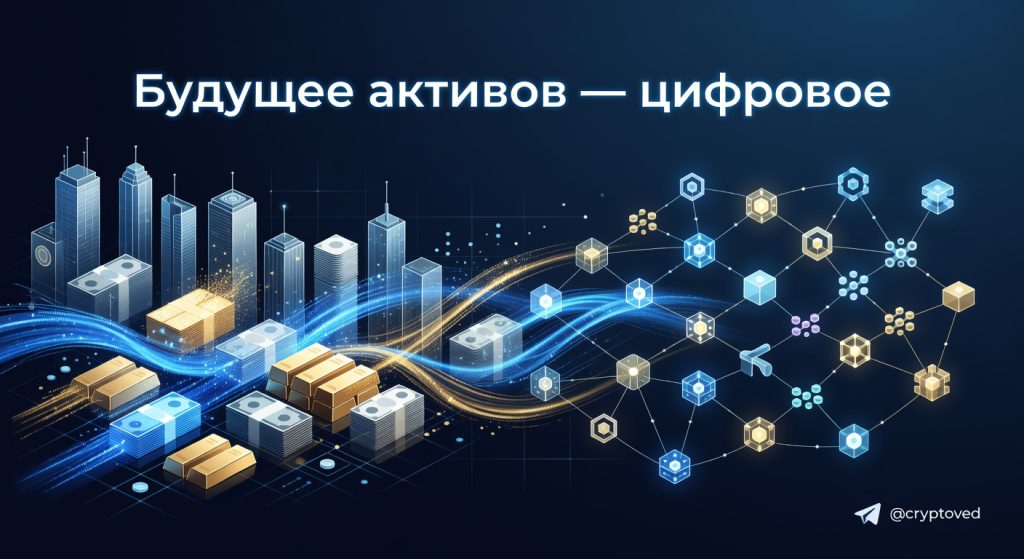 Токенизация активов — преобразование реальных активов в цифровые токены на блокчейне, символизирующее новый инвестиционный цикл.