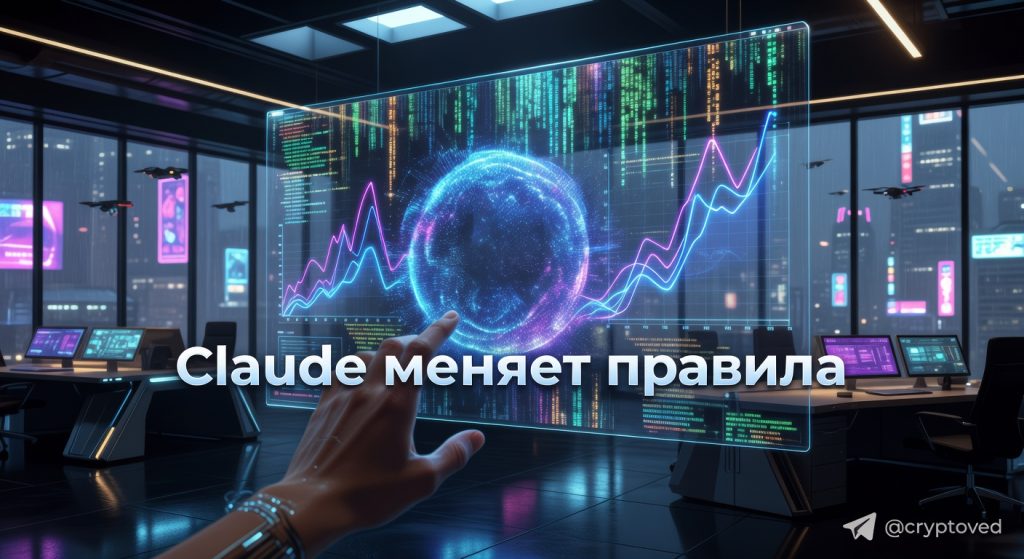 Гиперреалистичная картинка: интерфейс ИИ Claude в футуристичном офисе, показывающий взрывной рост модели