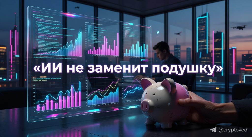 Финансовая подушка в эпоху ИИ: человек держит копилку на фоне голографического экрана с данными AI-агента