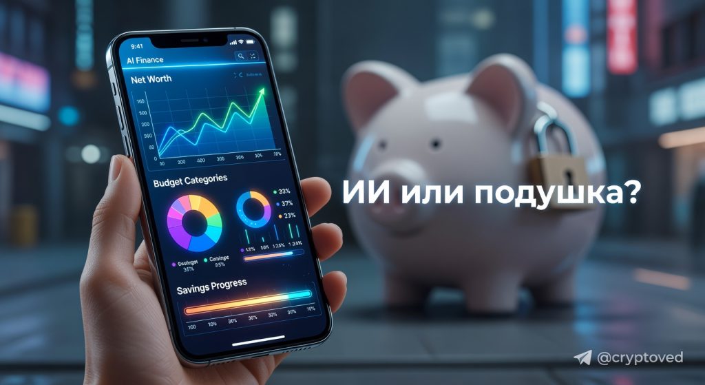 ИИ в личных финансах: человек использует умный интерфейс на смартфоне для анализа бюджета и сбережений.