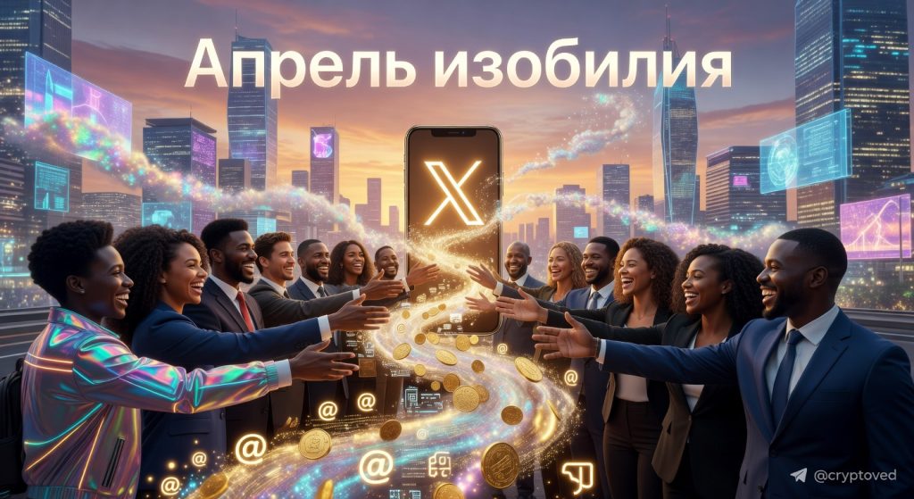 Люди тянутся к потоку золотых монет и символов из экрана смартфона с логотипом X, визуализируя вирусный тренд мышления изобилия.