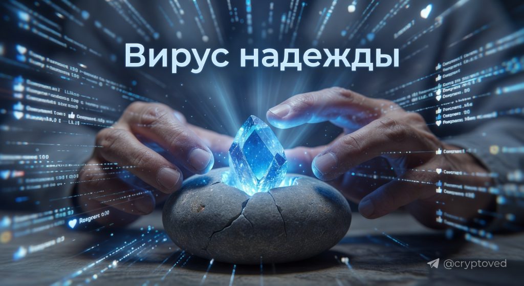 Гиперреалистичный снимок сияющего голубого кристалла удачи, символизирующего вирусный тренд и мышление изобилия в социальных сетях