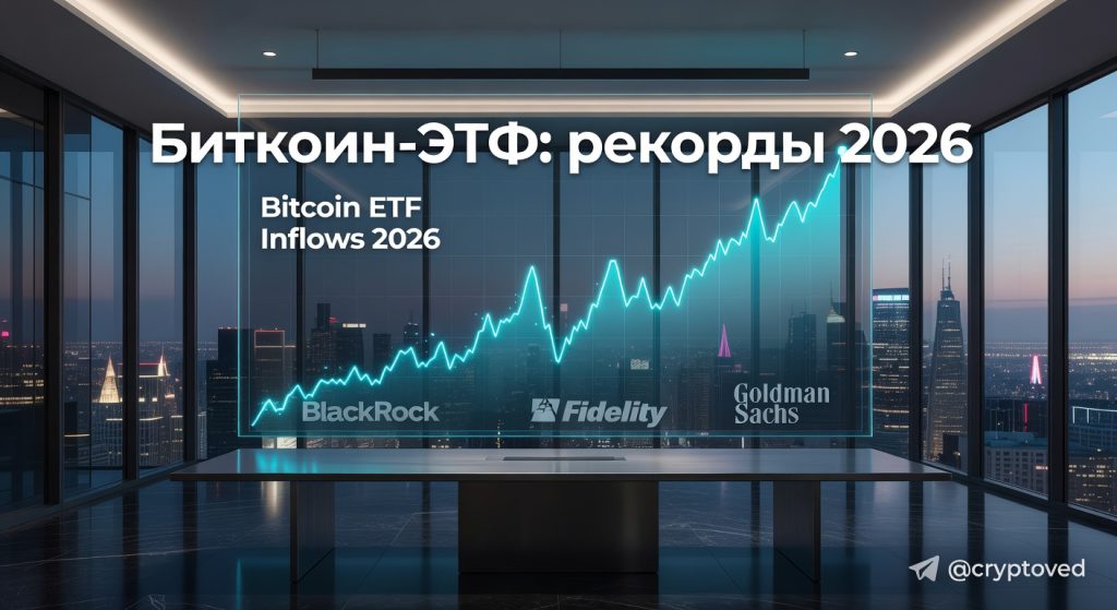 График рекордных притоков в Bitcoin ETF 2026 года на экране в современном офисе