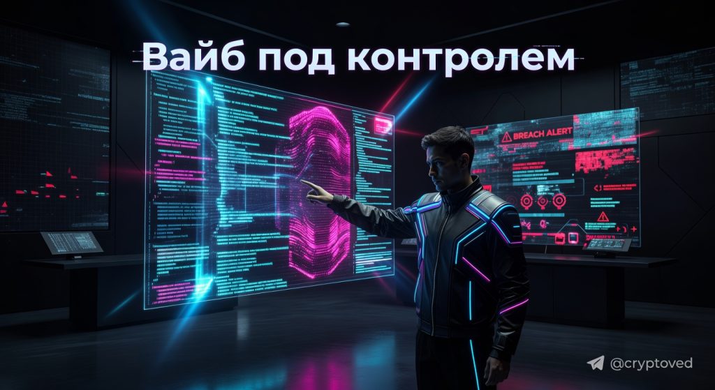 Архитектор структурированного вайбкодинга управляет голографическим интерфейсом с кодом в стиле cyberpunk
