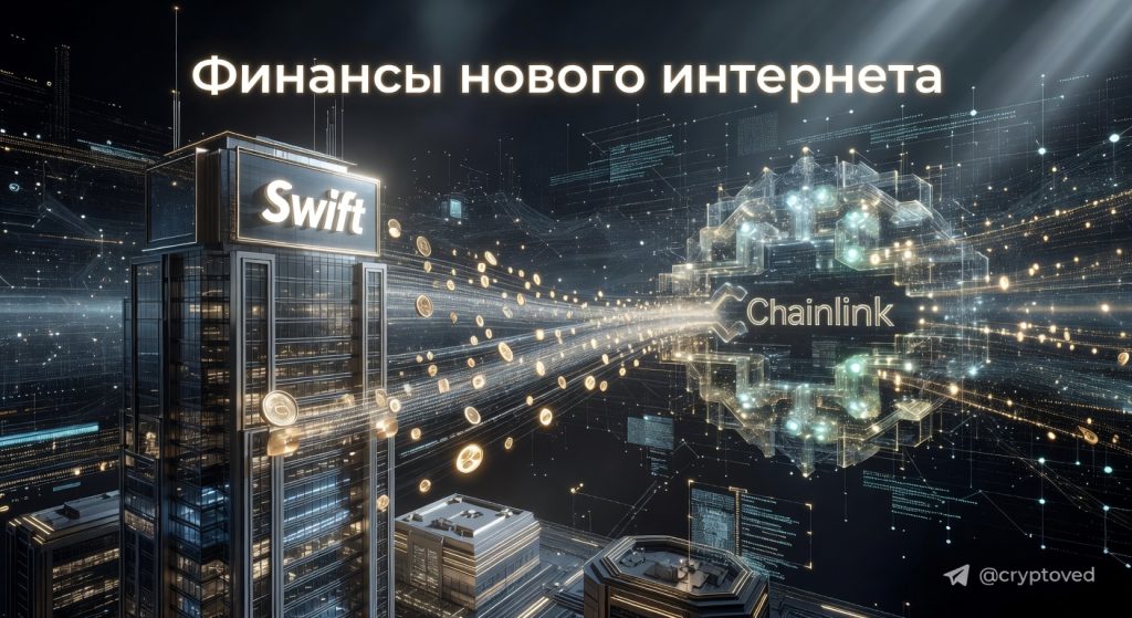 Визуализация интеграции Swift и Chainlink для токенизированных облигаций, показывающая поток данных между традиционной банковской системой и блокчейном