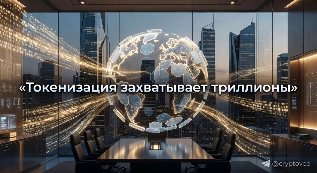 Визуализация токенизации RWA: цифровой глобус из блоков блокчейна, в который стекаются потоки данных от традиционных активов.