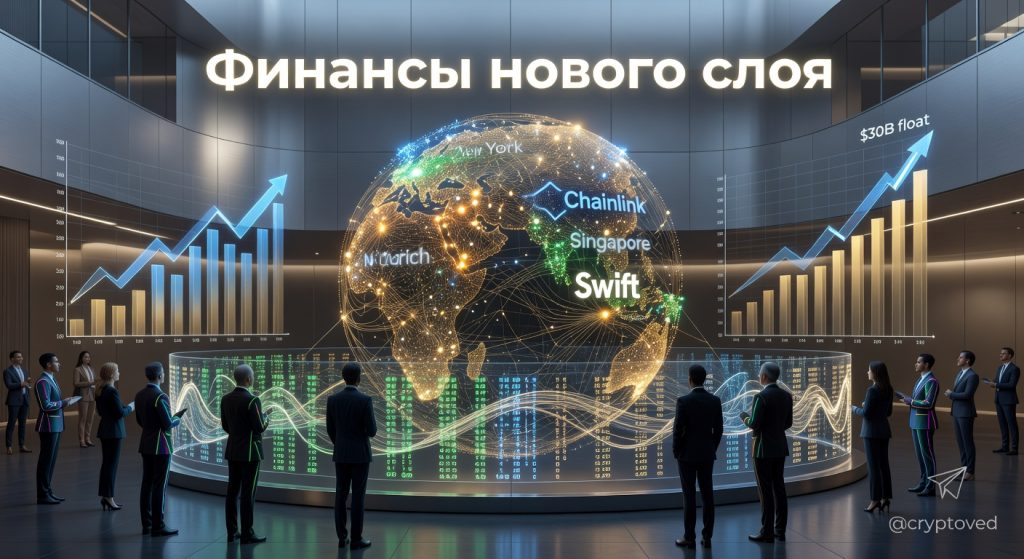 Футуристическая визуализация токенизации RWA: глобальная финансовая сеть, объединяющая Chainlink, Swift и поток активов на $30 млрд