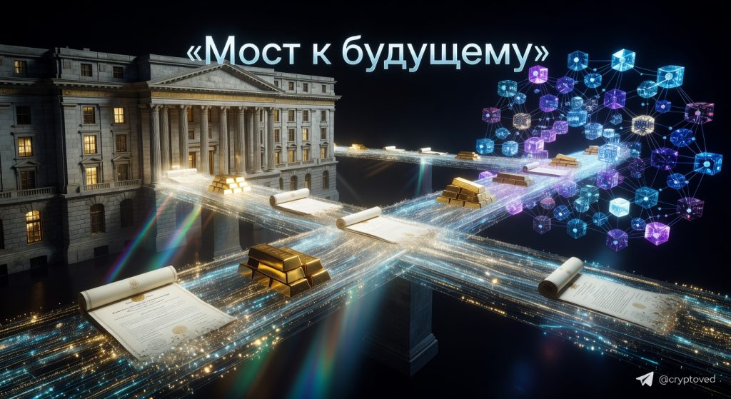 Мост из цифровых потоков данных между традиционным банком и блокчейн-сетью, символизирующий токенизацию RWA