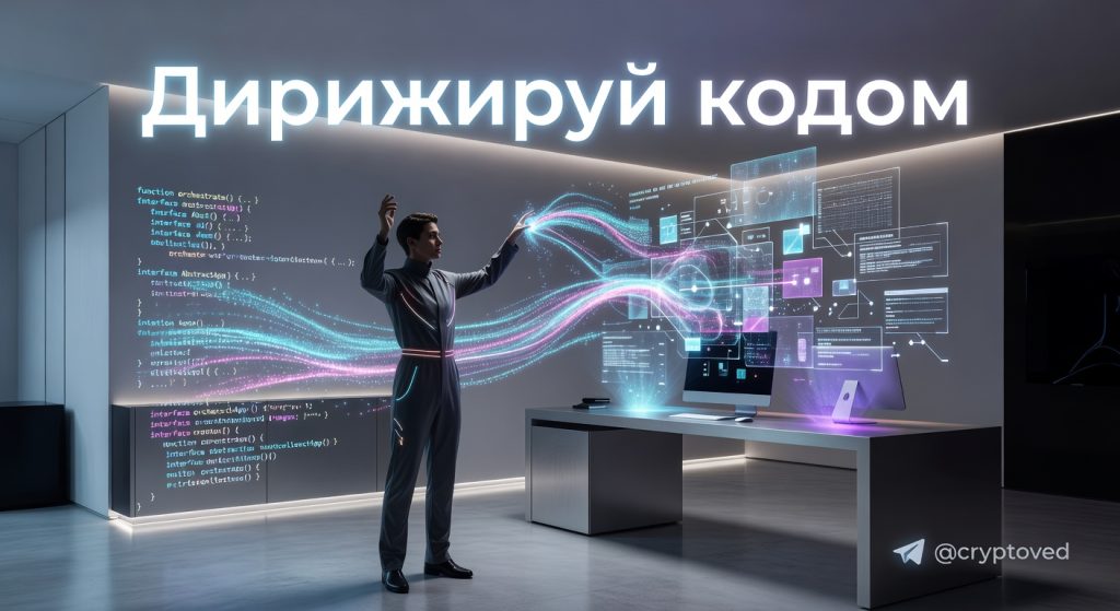 Человек дирижирует потоком света и кода, создавая интерфейс приложения. Иллюстрация концепции вайбкодинга 2026.