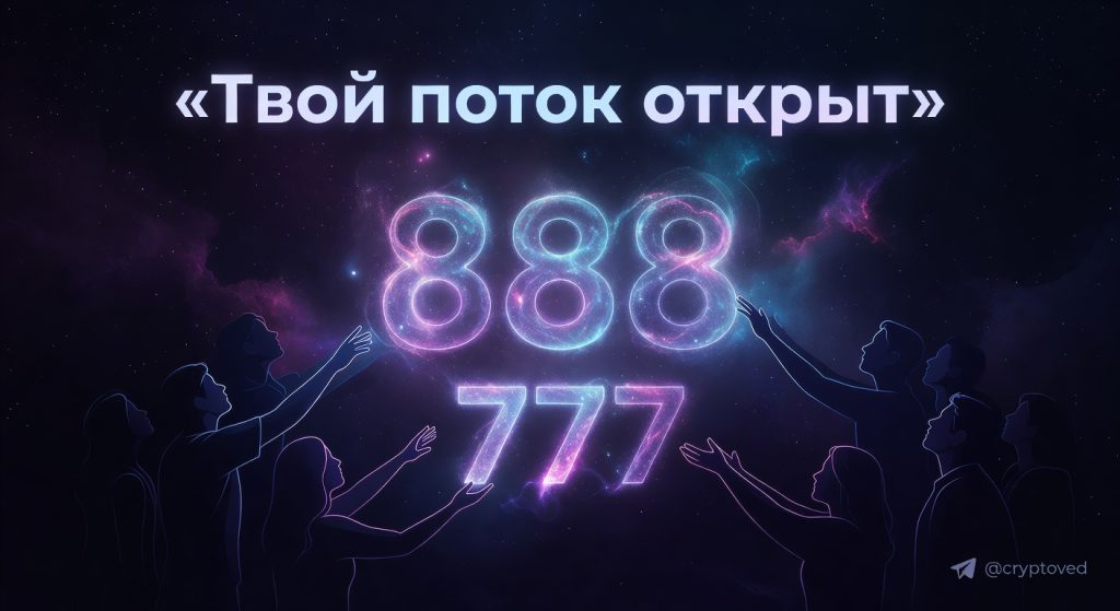 Главная картинка: ангельские числа изобилия 777 и 888 как светящиеся символы в космическом пространстве.