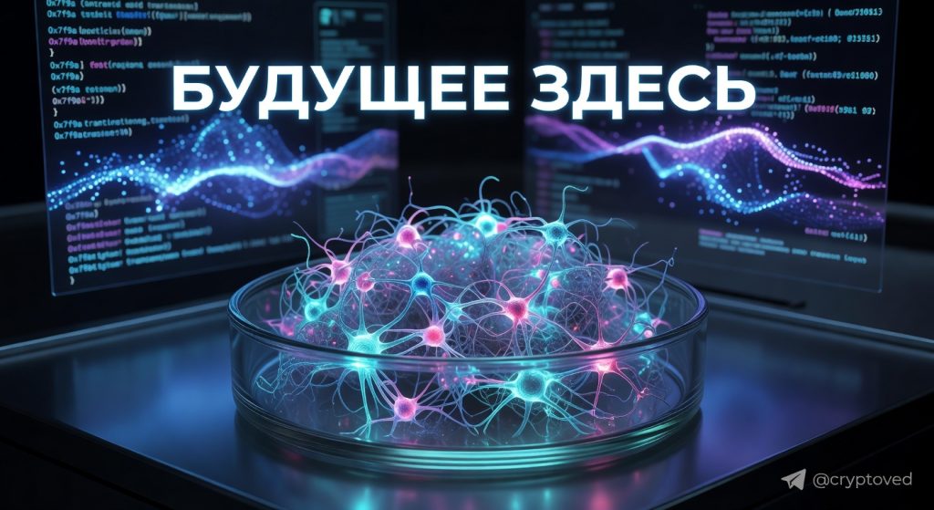 Биологическая сингулярность 2026: нейроботы с пульсирующей нервной тканью в чашке Петри на фоне цифровых интерфейсов