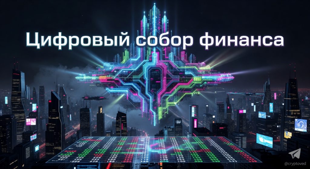 Киберпанк-визуализация Hyperliquid HYPE как цифрового собора для глобальных финансов с ключом Hyperliquid HYPE