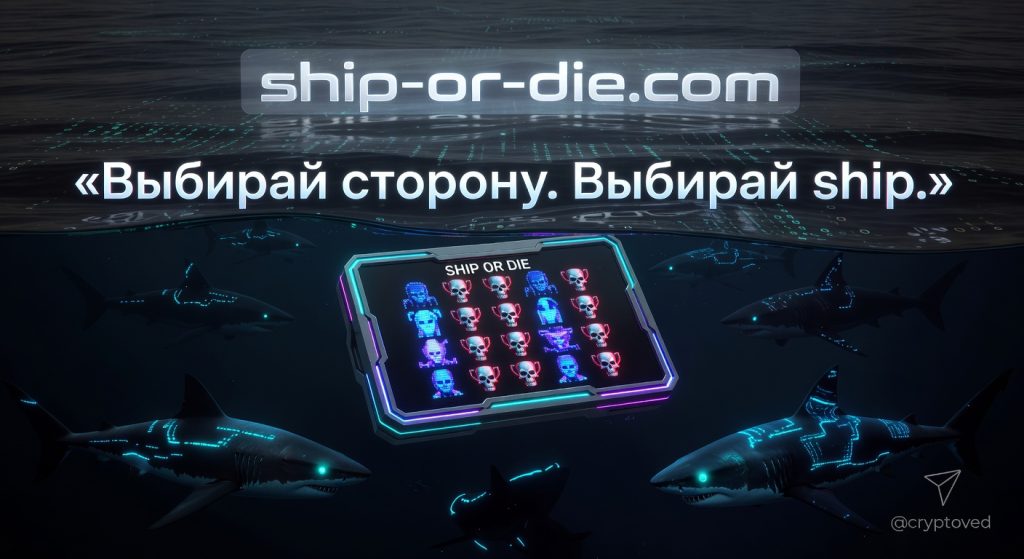 Ship or die vibecoding: киберпанк сцена с акулами и лидербордом запущенных продуктов