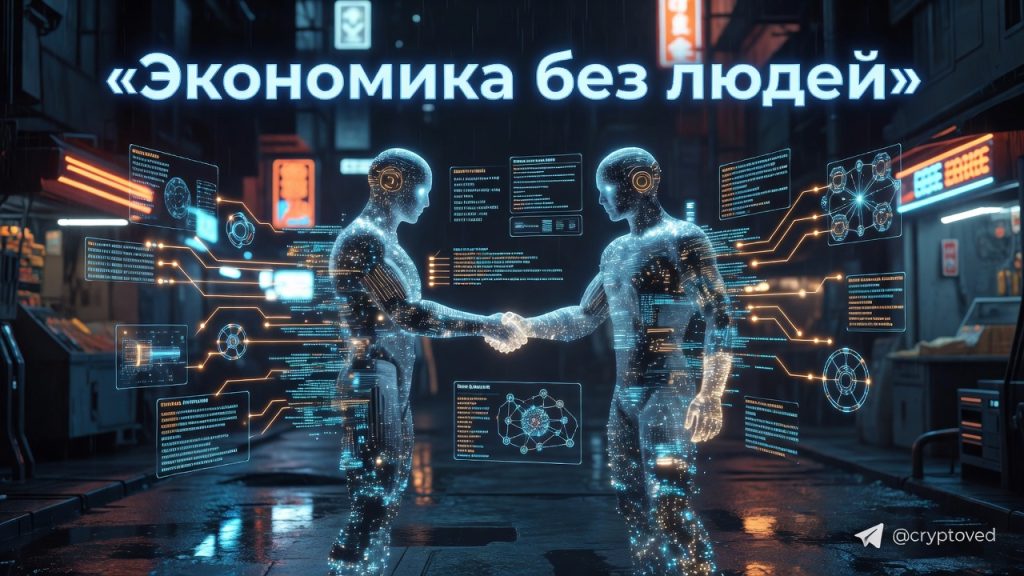 Иллюстрация A2A агентной экономики: два ИИ-агента в виде светящихся сущностей совершают сделку на фоне киберпанк-рынка с голографическими экранами и блокчейн-узлами.