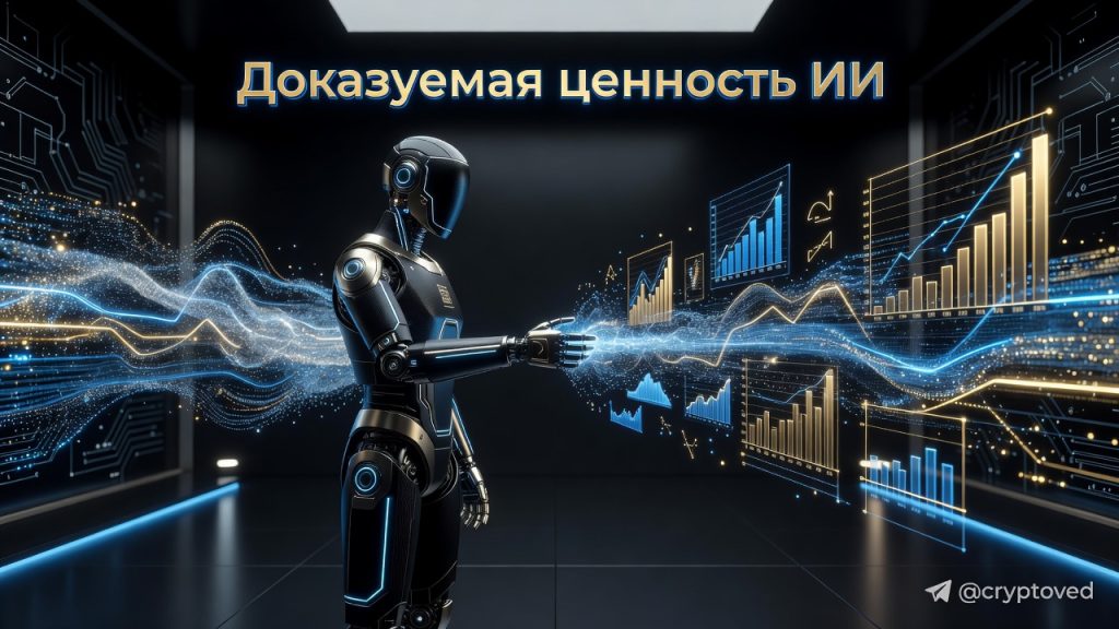 Агентная экономика производительности: как верифицируемые результаты меняют ИИ-агентов в 2026 году 8 Футуристичная сцена с ИИ-агентом, подтверждающим свои результаты через ончейн-данные, символизирующая агентную экономику производительности