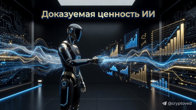 Футуристичная сцена с ИИ-агентом, подтверждающим свои результаты через ончейн-данные, символизирующая агентную экономику производительности