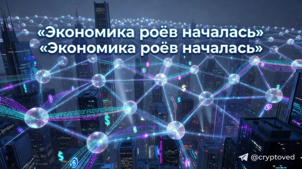Агентные рои: тысячи ИИ-агентов образуют децентрализованную сеть над футуристическим городом