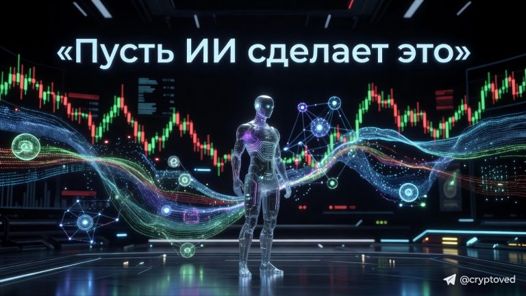 Изображение агентного трейдинга: ИИ-агент на фоне цифровых графиков и блокчейн-сети, символизирующий автономную торговлю на финансовых рынках.