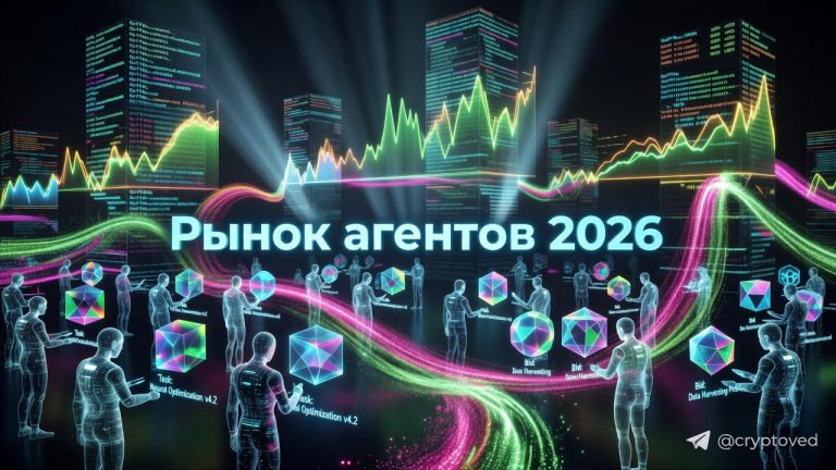 Футуристическая визуализация экономики умов: множество ИИ-агентов в киберпанковом стиле торгуют на цифровом рынке, символизируя агентную экономику будущего.
