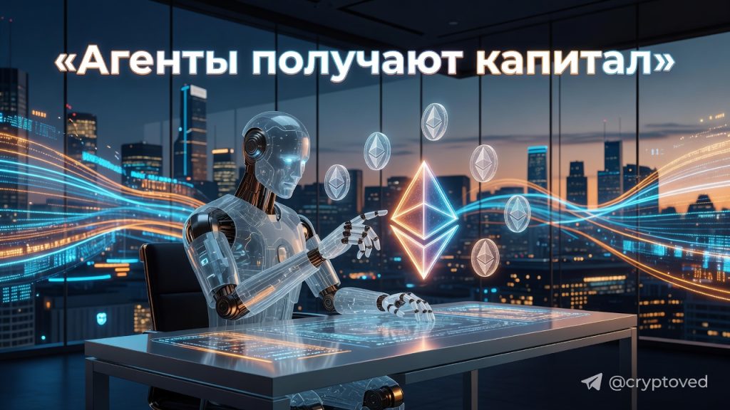 Ончейн агентная экономика: как ИИ-агенты обретают реальный капитал и меняют мир в 2026 9 ИИ-агент в стиле киберпанк, сидящий за цифровым столом и касающийся голограммы Ethereum. Иллюстрация концепции ончейн агентной экономики, где искусственный интеллект управляет реальными криптоактивами.