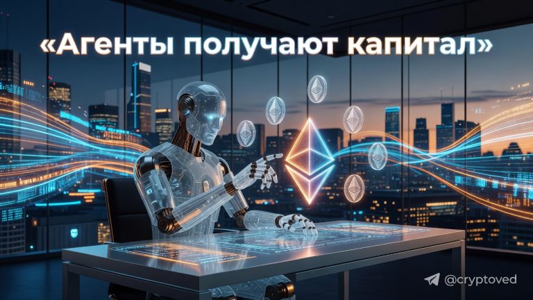 ИИ-агент в стиле киберпанк, сидящий за цифровым столом и касающийся голограммы Ethereum. Иллюстрация концепции ончейн агентной экономики, где искусственный интеллект управляет реальными криптоактивами.
