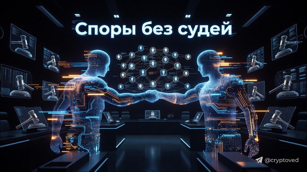 Главная страница 7 Два светящихся ИИ-агента пожимают руки в цифровом зале суда, на фоне узлы блокчейна, символизируя агентную адъюдикацию.