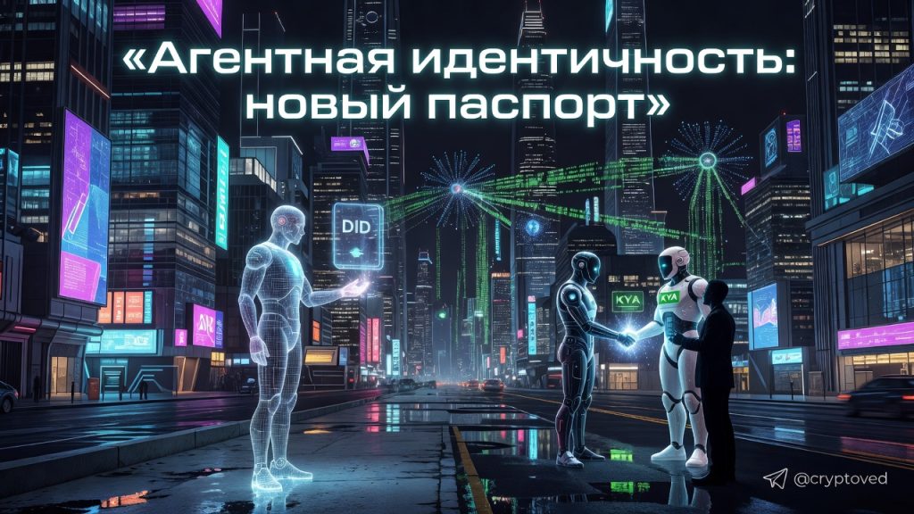 Агентная идентичность в киберпанк-стиле: ИИ-агент с цифровым паспортом DID и значком верификации KYA на фоне ночного города и блокчейн-сети