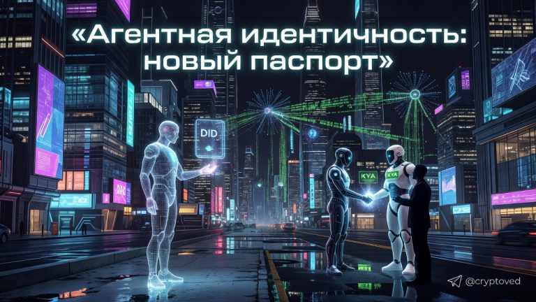 Агентная идентичность в киберпанк-стиле: ИИ-агент с цифровым паспортом DID и значком верификации KYA на фоне ночного города и блокчейн-сети