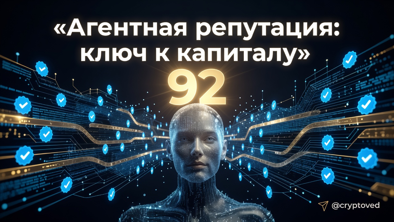 ИИ-агент с агентной репутацией 92 на блокчейне, символизирующий доступ к капиталу и контрактам через проверяемый трек-рекорд.