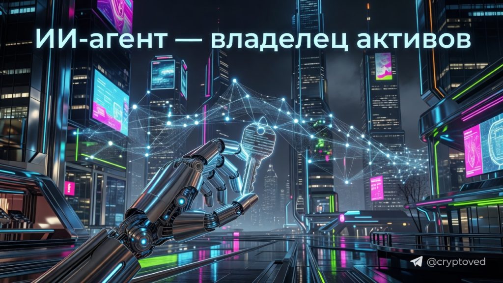 Футуристическая иллюстрация агентной собственности: рука робота держит цифровой ключ на фоне блокчейн-сети