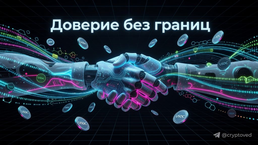 Абстрактное изображение двух ИИ-агентов, обменивающихся токенами и данными, символизирующее агентное доверие и экономику 2026 года.