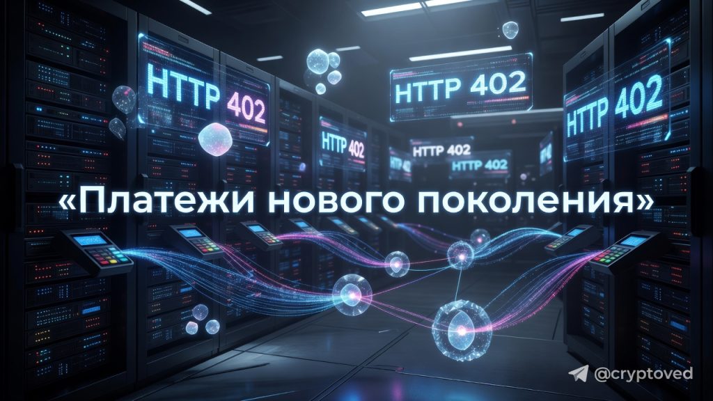 Изображение, иллюстрирующее агентные платежи: ИИ-агенты в виде светящихся сфер оплачивают доступ к данным через HTTP-запросы с кодом 402, на фоне серверов и блокчейн-сети.