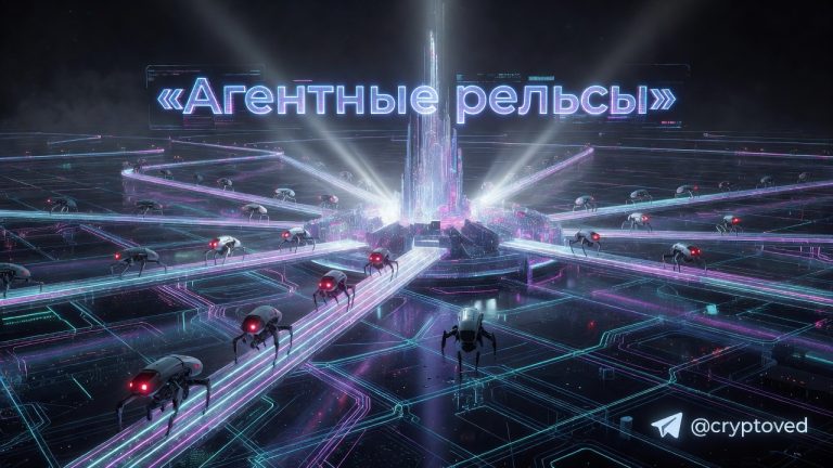 Агентные рельсы: как правила и границы защищают растущую автономию в агентной экономике 2026 года 5 Футуристическое изображение агентных рельсов — светящихся цифровых границ, по которым движутся автономные ИИ-агенты, символизирующее безопасность в агентной экономике.