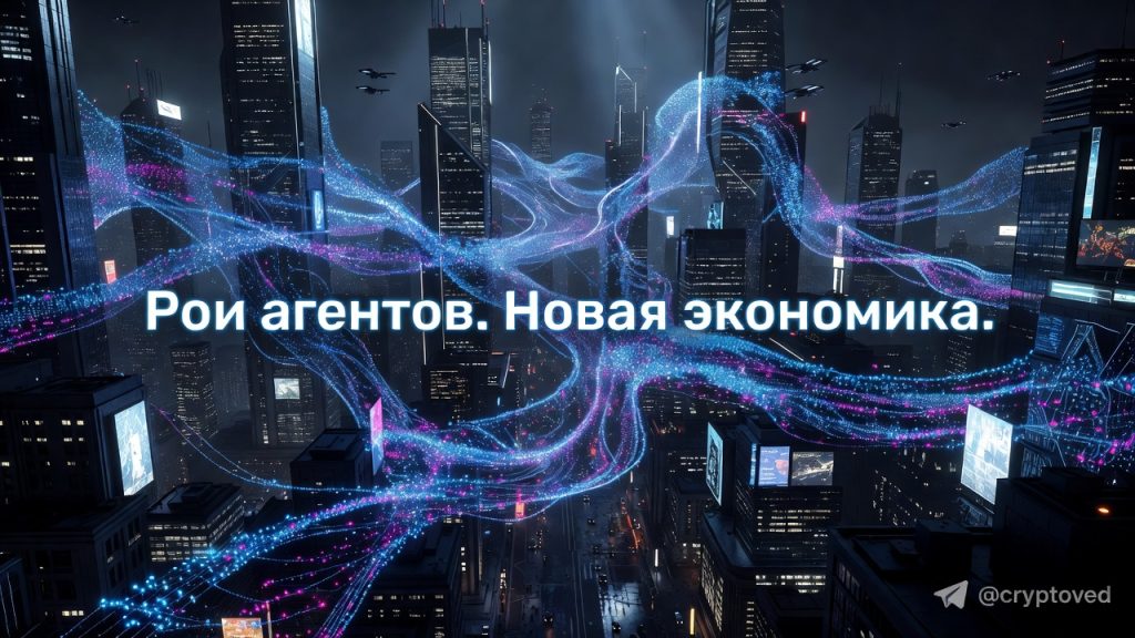 Агентные рои в виде светящихся точек, соединенных линиями, формируют экономику будущего на фоне цифрового города.