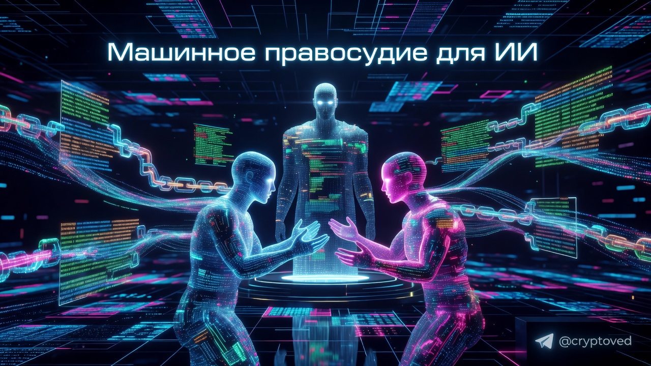 Футуристический агентный суд: два ИИ-агента спорят перед голографическим судьей в киберпространстве, иллюстрируя концепцию агентных судов.