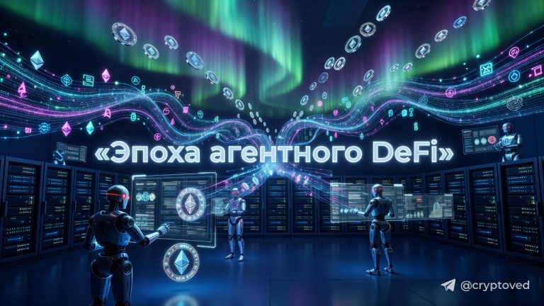Абстрактная визуализация сети агентного DeFi, где нейросети и протоколы переплетаются в единую автономную финансовую систему.