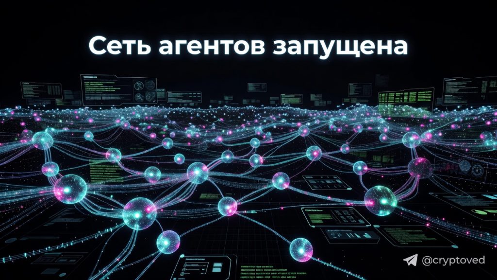 Сетевая ОС для агентов: визуализация сети Pilot Protocol с тысячами подключенных ИИ-агентов, светящиеся узлы и линии связи.