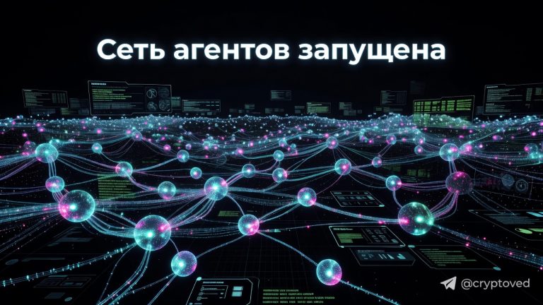 Сетевая ОС для агентов: визуализация сети Pilot Protocol с тысячами подключенных ИИ-агентов, светящиеся узлы и линии связи.