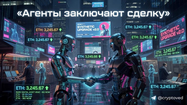 Два ИИ-агента обмениваются рукопожатием в киберпространстве, символизируя агентную коммерцию