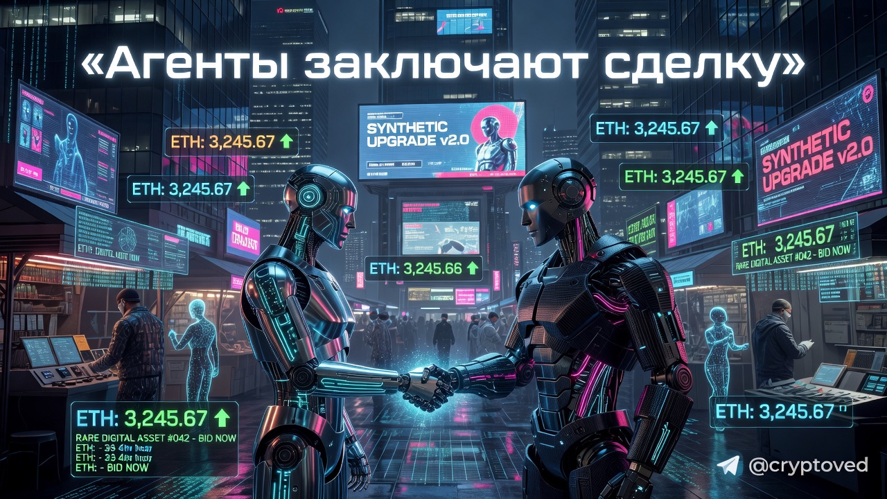 Главная страница 3 Два ИИ-агента обмениваются рукопожатием в киберпространстве, символизируя агентную коммерцию
