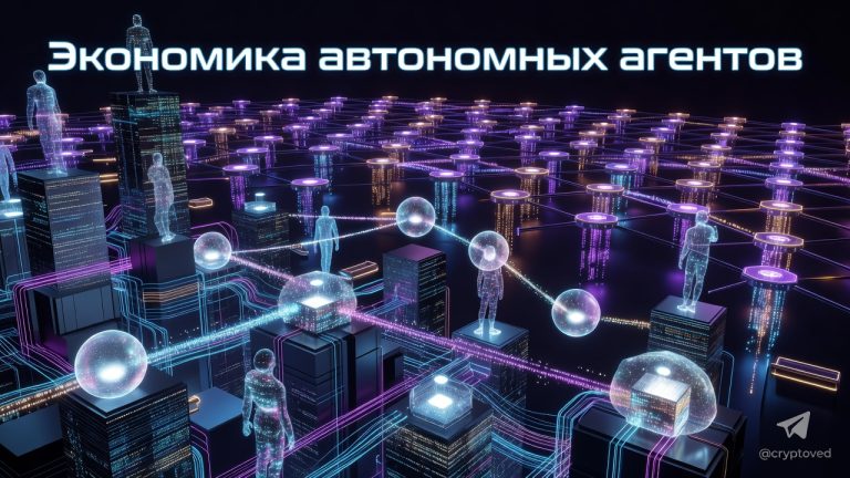 Изображение агентной композитности: автономные ИИ-агенты соединяются через MCP-протоколы в киберпанк-городе будущего, символ экономики 2026 года.