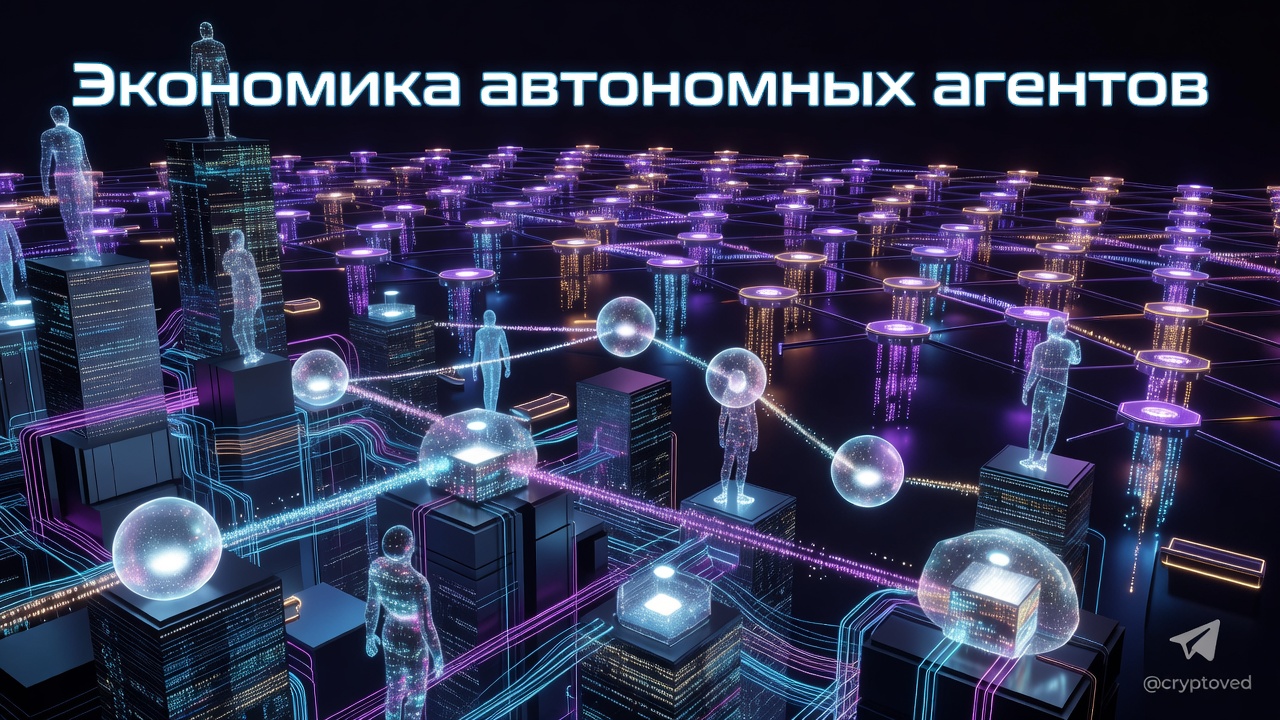 Главная страница 4 Изображение агентной композитности: автономные ИИ-агенты соединяются через MCP-протоколы в киберпанк-городе будущего, символ экономики 2026 года.