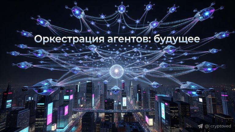 Визуализация агентной оркестрации: множество ИИ-агентов, объединенных в сеть под управлением оркестратора, иллюстрирующая масштабируемую экономику