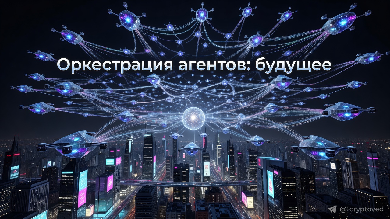 Главная страница 3 Визуализация агентной оркестрации: множество ИИ-агентов, объединенных в сеть под управлением оркестратора, иллюстрирующая масштабируемую экономику