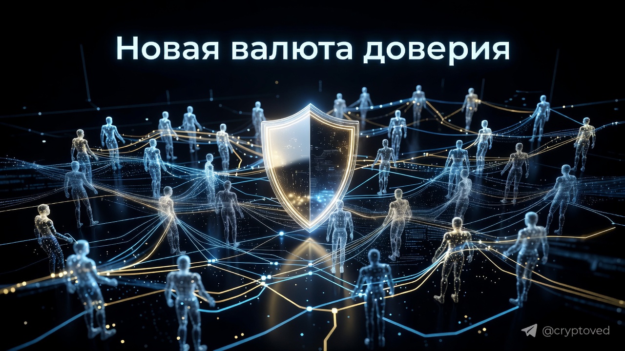 Главная страница 3 Главное изображение статьи об агентной репутации: сеть ИИ-агентов, соединенных доверительными связями, в центре сияет символ репутации, иллюстрирующий стандарты SwarmScore и EIP-8004
