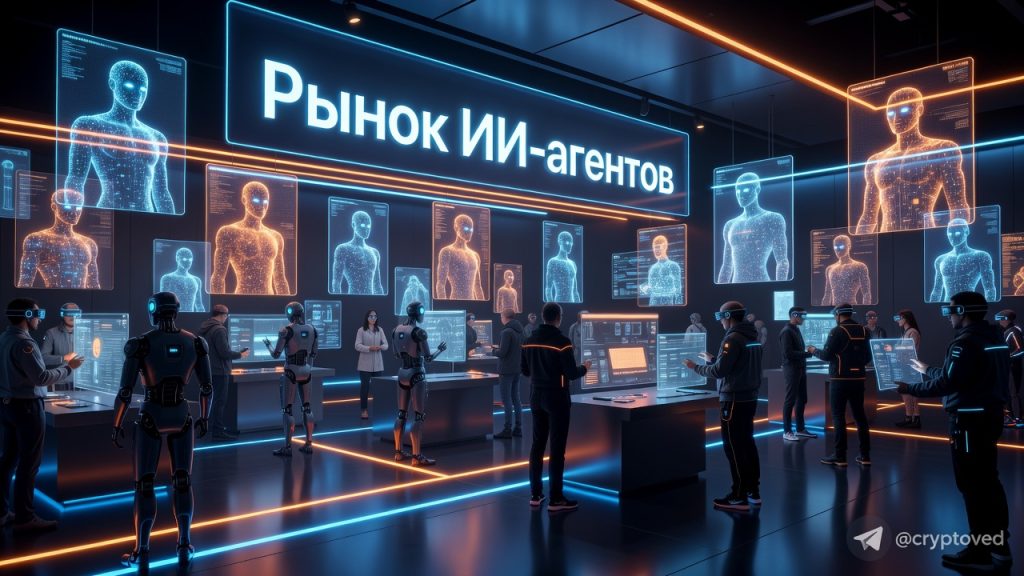 Агентные маркетплейсы: футуристический интерфейс торговой площадки для ИИ-агентов, где они обмениваются услугами, похожий на App Store с голографическими экранами и неоновыми огнями.