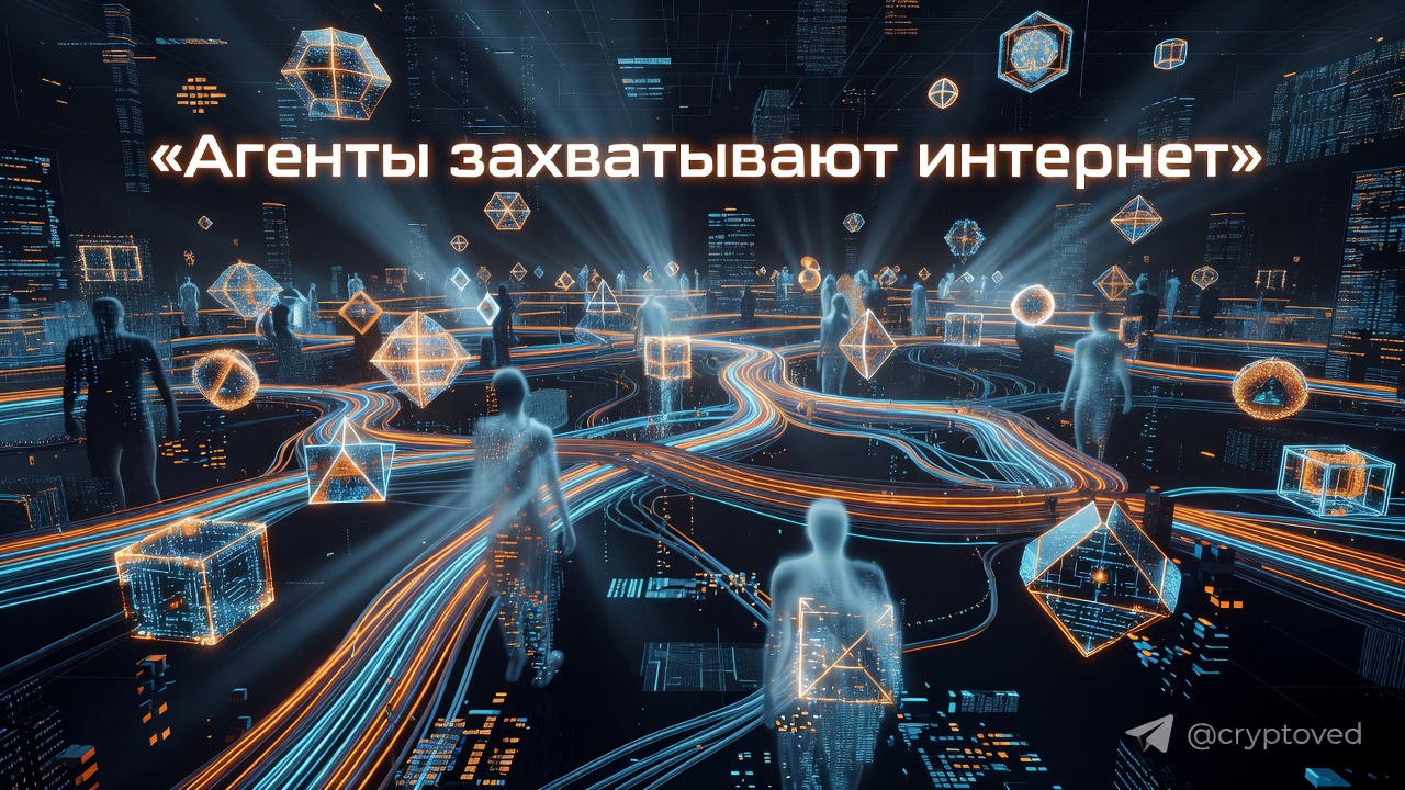 Абстрактное изображение агентного интернет-трафика: человеческие силуэты растворяются, уступая место светящимся автономным программам.