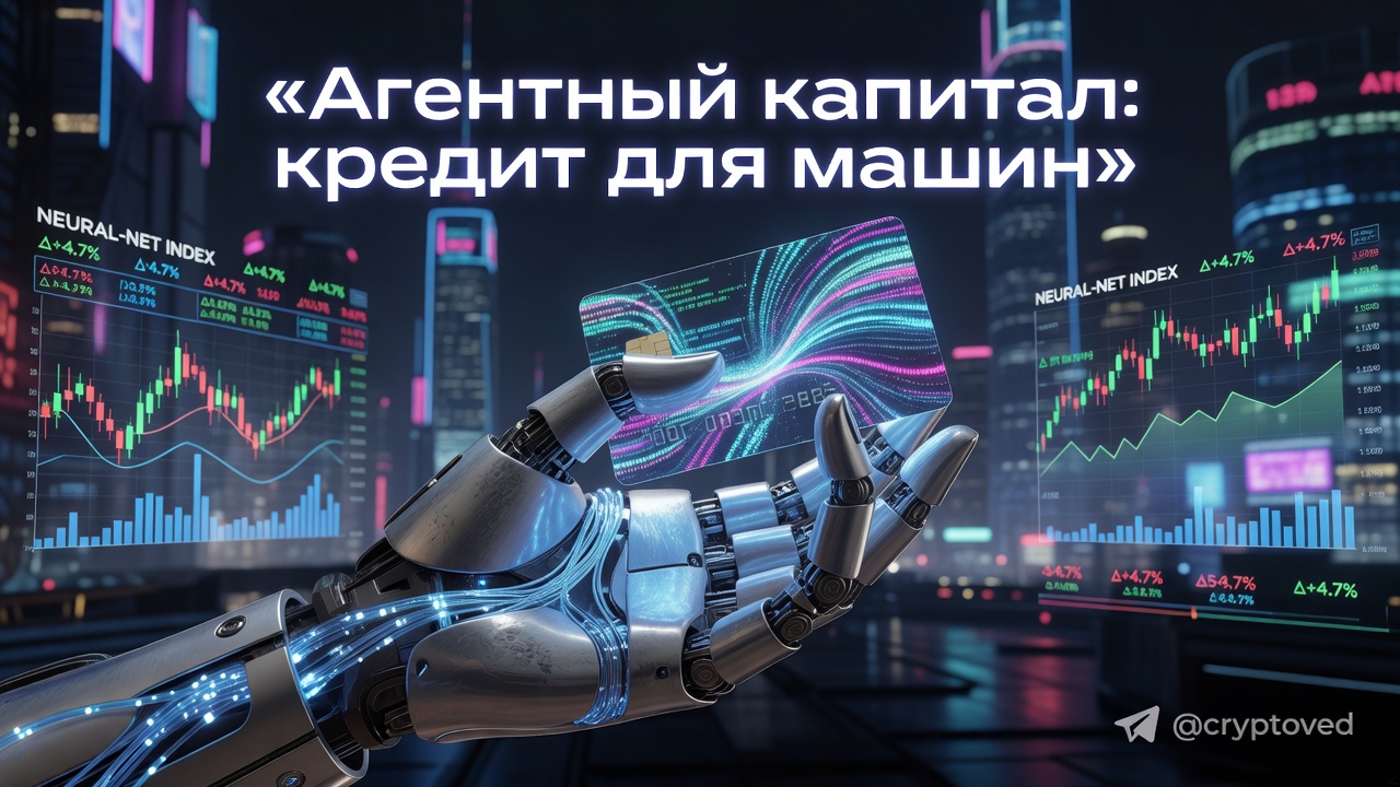 Главная страница 3 Рука робота держит светящуюся кредитную карту на фоне футуристического города и графиков, иллюстрируя концепцию агентного капитала и кредитования для ИИ-агентов.