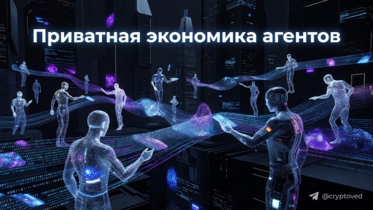 Футуристическая иллюстрация агентного слоя расчётов: автономные ИИ-агенты обмениваются данными и совершают транзакции в защищённом блокчейн-окружении с шифрованием